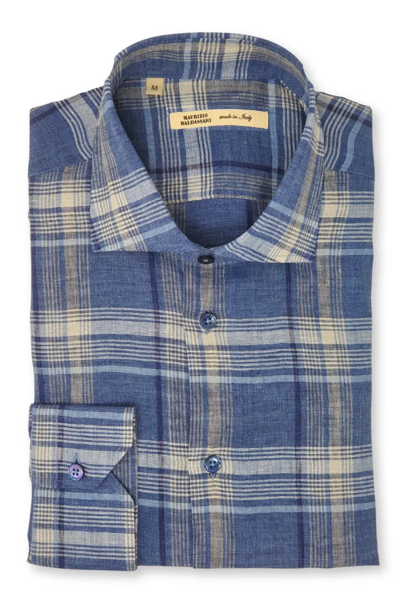 Blue Linen Plaid Shirt