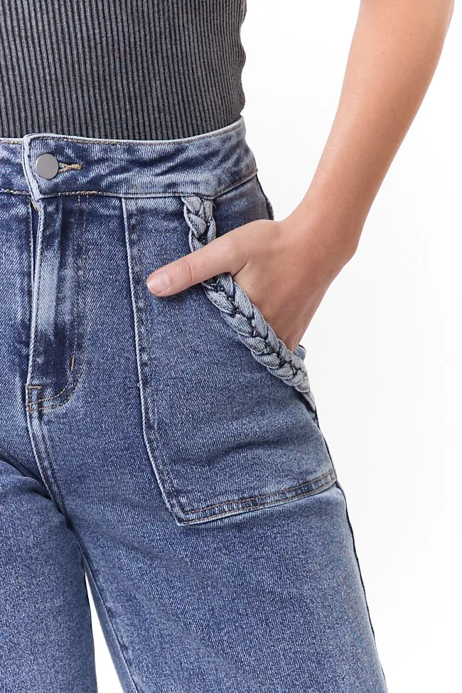 Carolyn Medium Wash Braided Pocket Wide Leg Jeans