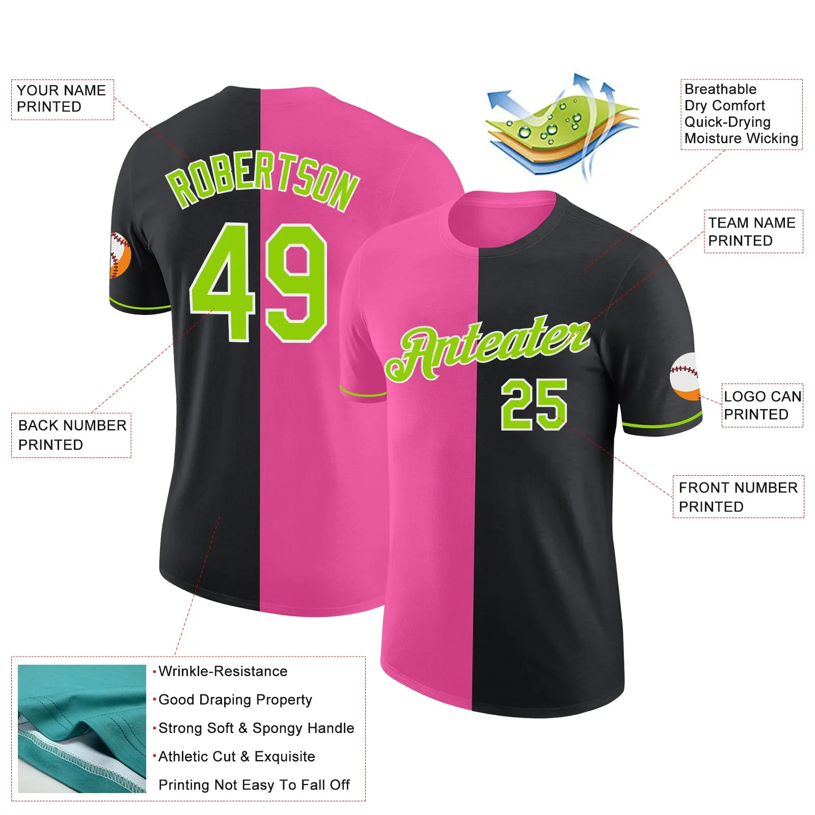 Custom Black Neon Green-Pink Split Fashion Performance T-Shirt