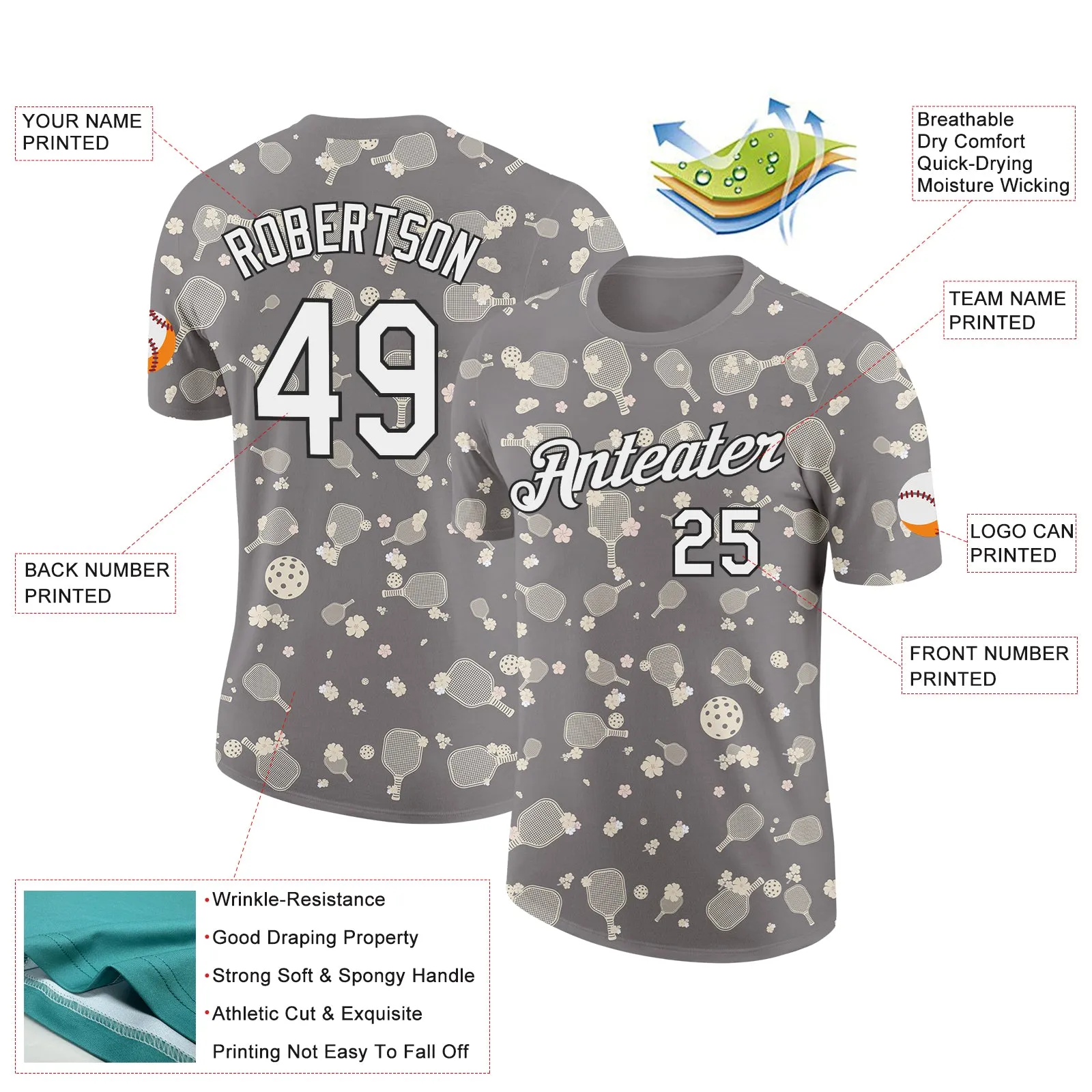 Custom Gray White-Black 3D Pickleball Paddles Balls Floral Performance T-Shirt