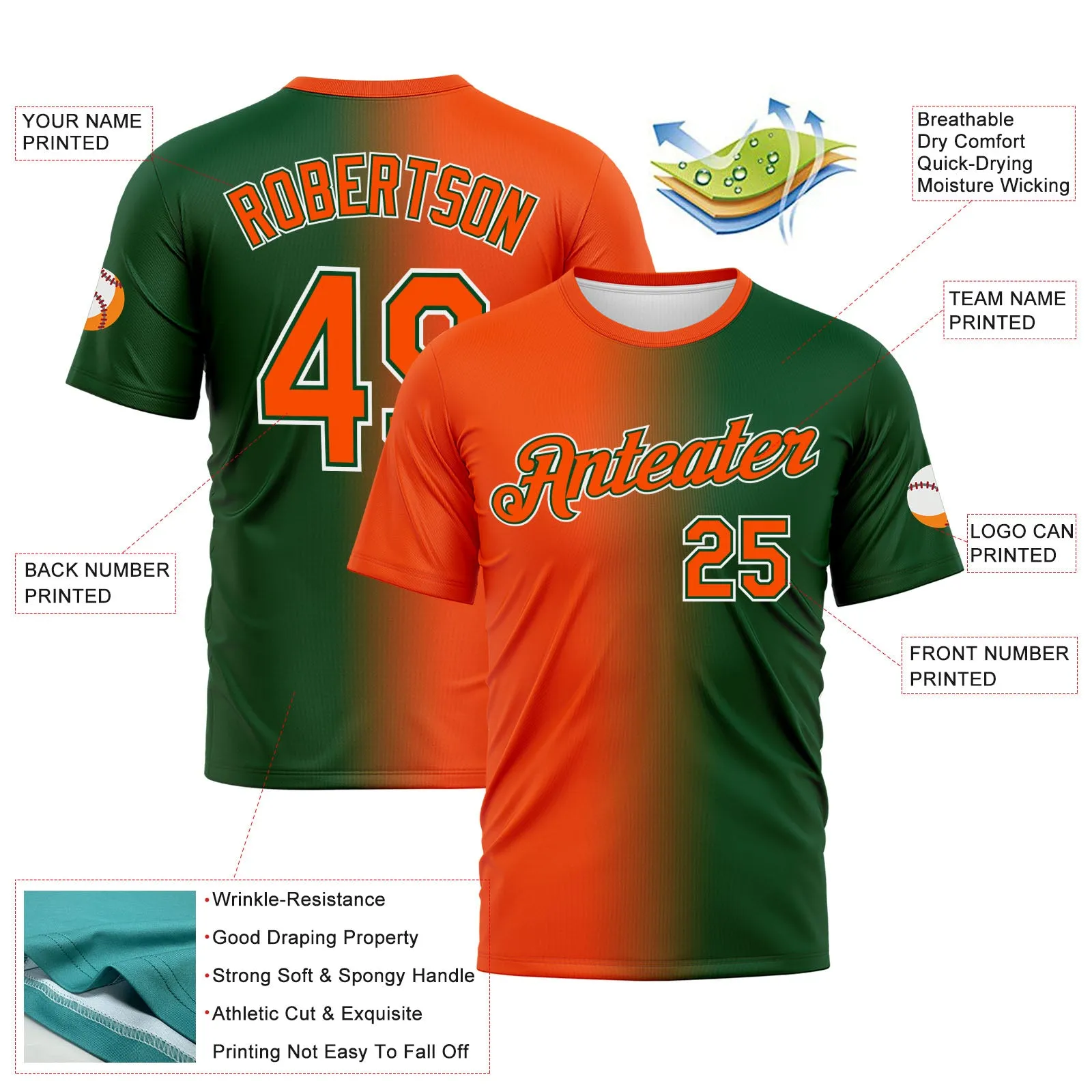Custom Green Orange-White Gradient Fashion Performance T-Shirt