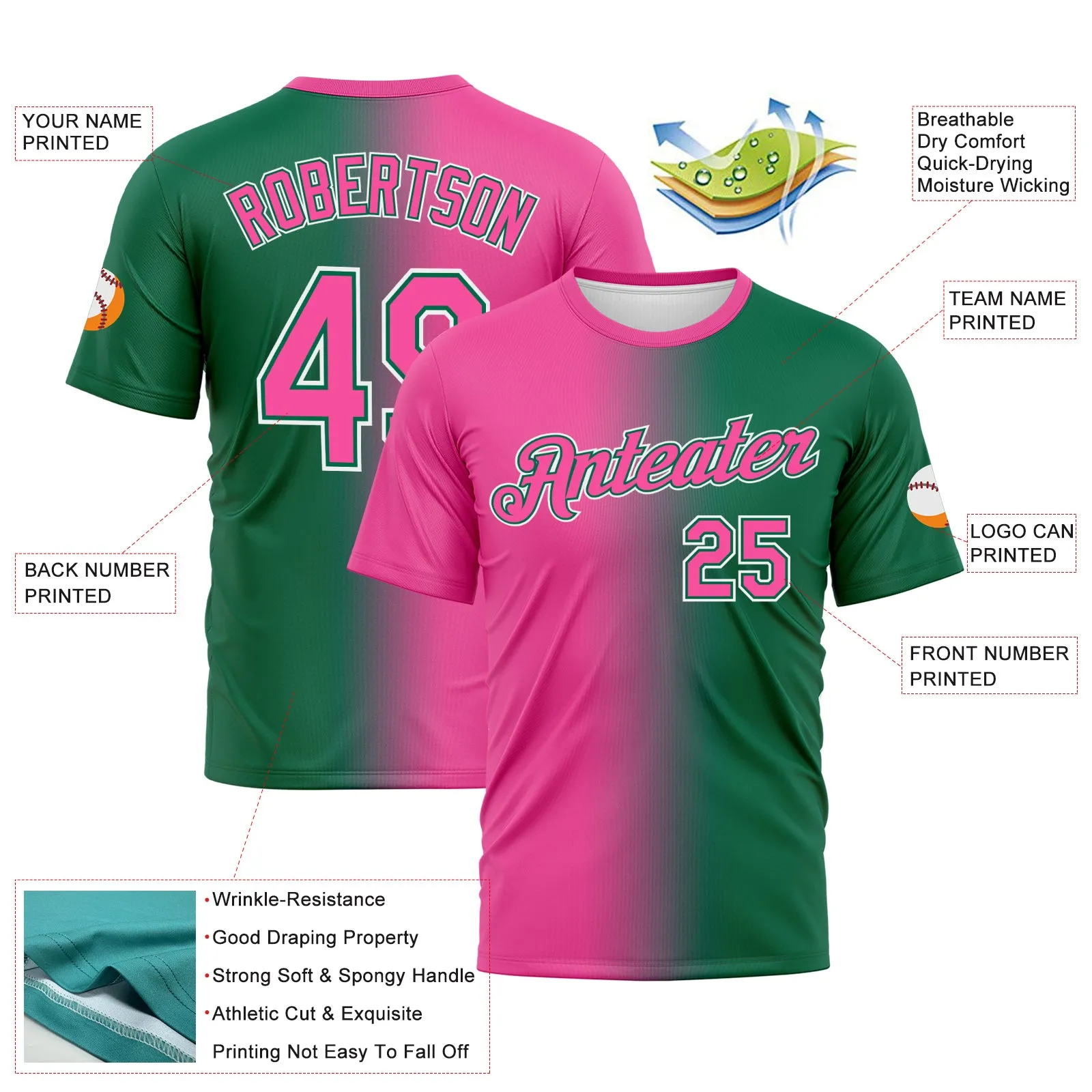 Custom Kelly Green Pink-White Gradient Fashion Performance T-Shirt