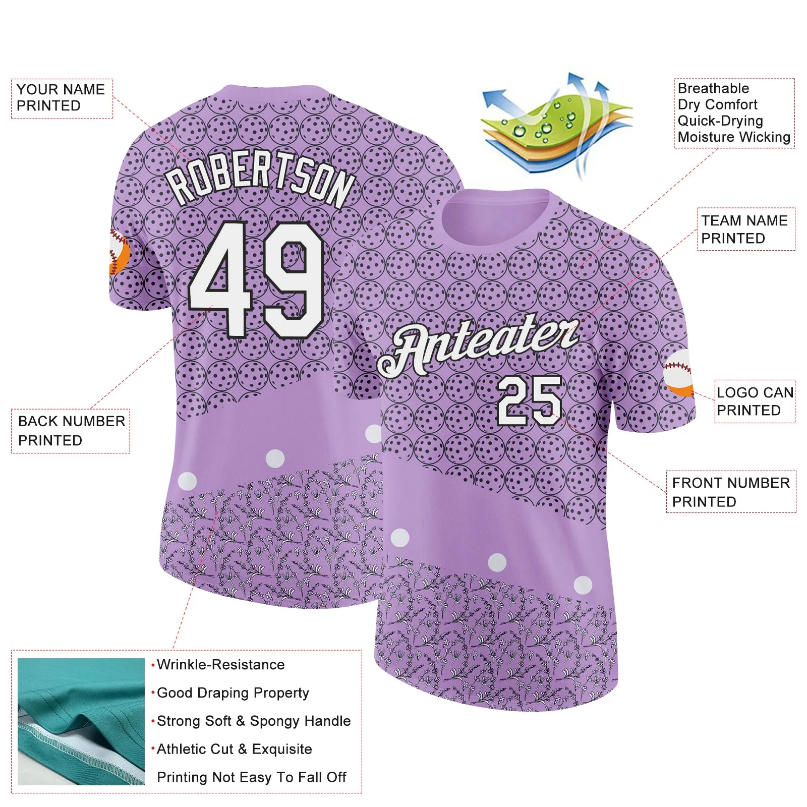 Custom Light Purple White-Black 3D Pickleball Balls Floral Performance T-Shirt