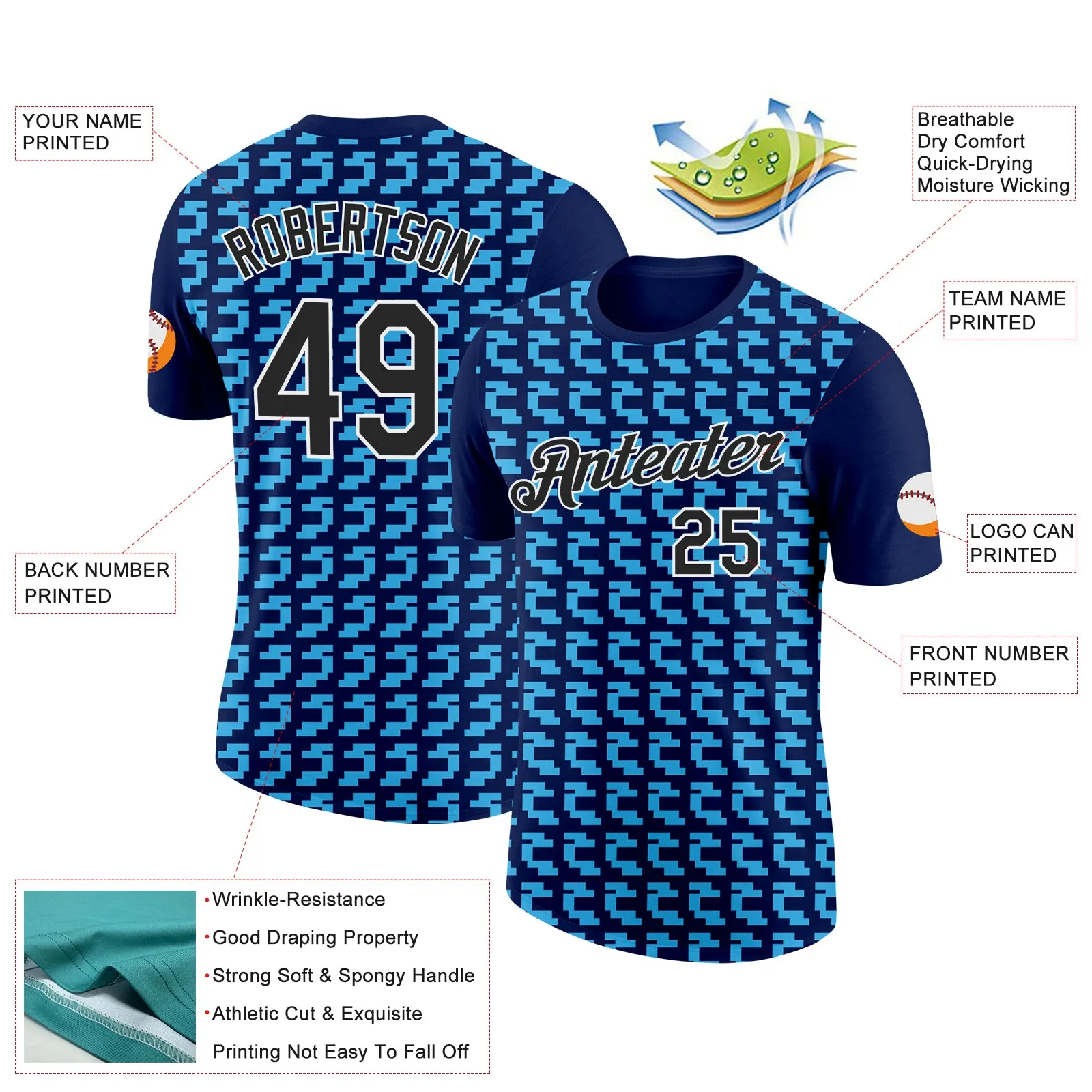 Custom Navy Black-Sky Blue 3D Esports Performance T-Shirt