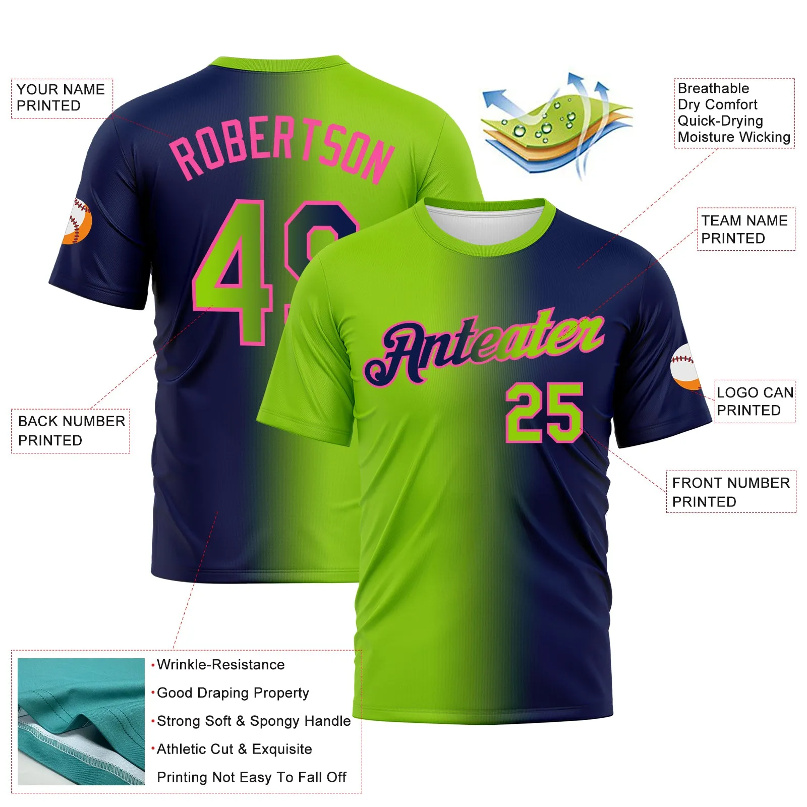 Custom Navy Neon Green-Pink Gradient Fashion Performance T-Shirt