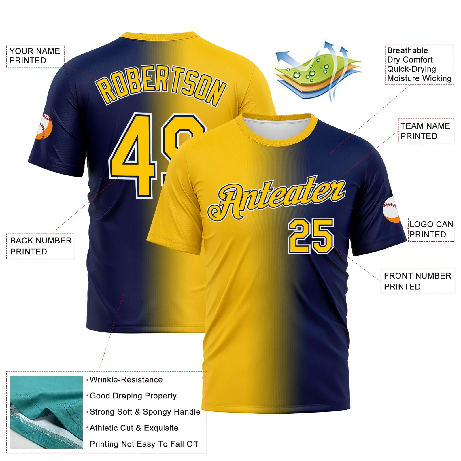 Custom Navy Yellow-White Gradient Fashion Performance T-Shirt