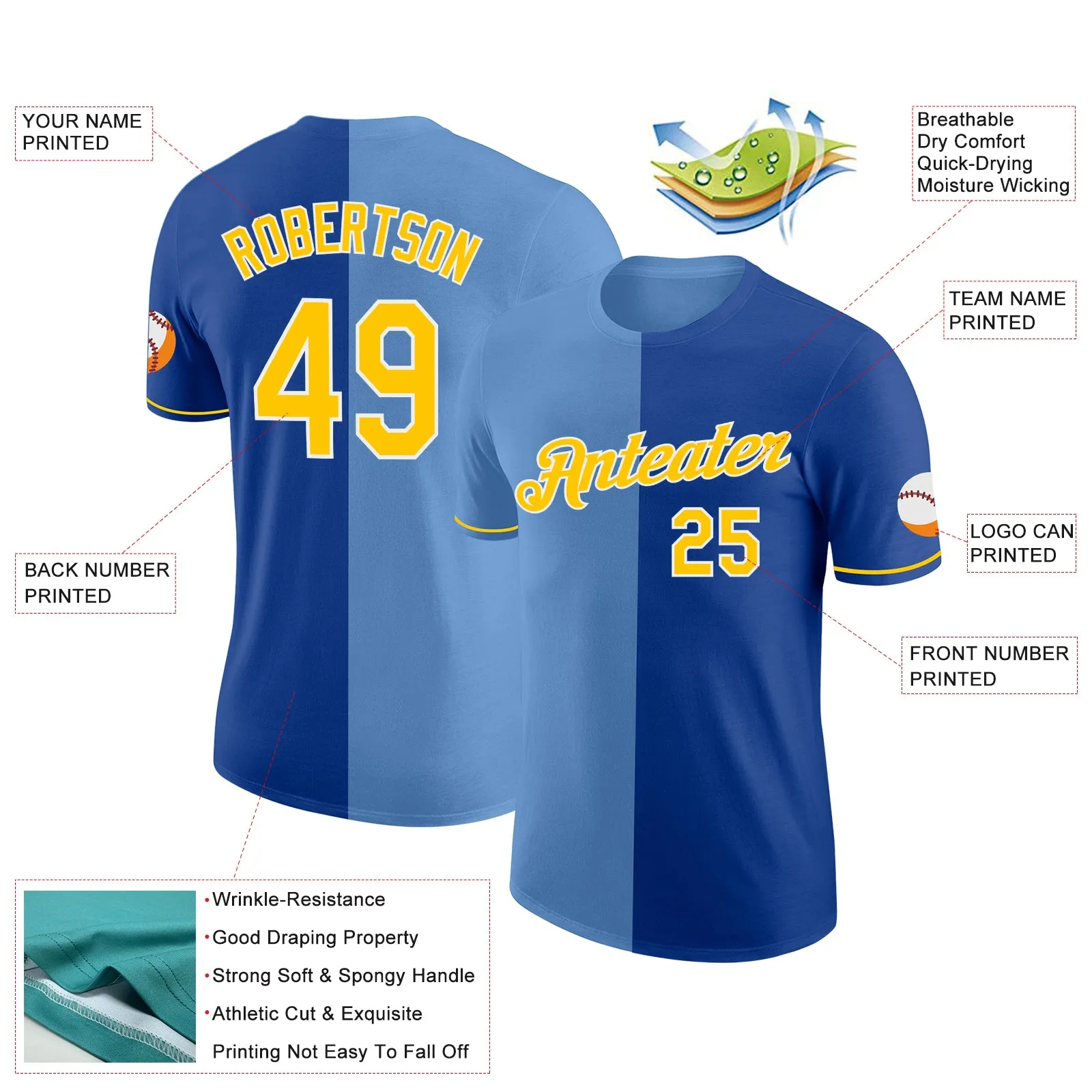 Custom Royal Yellow-Light Blue Split Fashion Performance T-Shirt