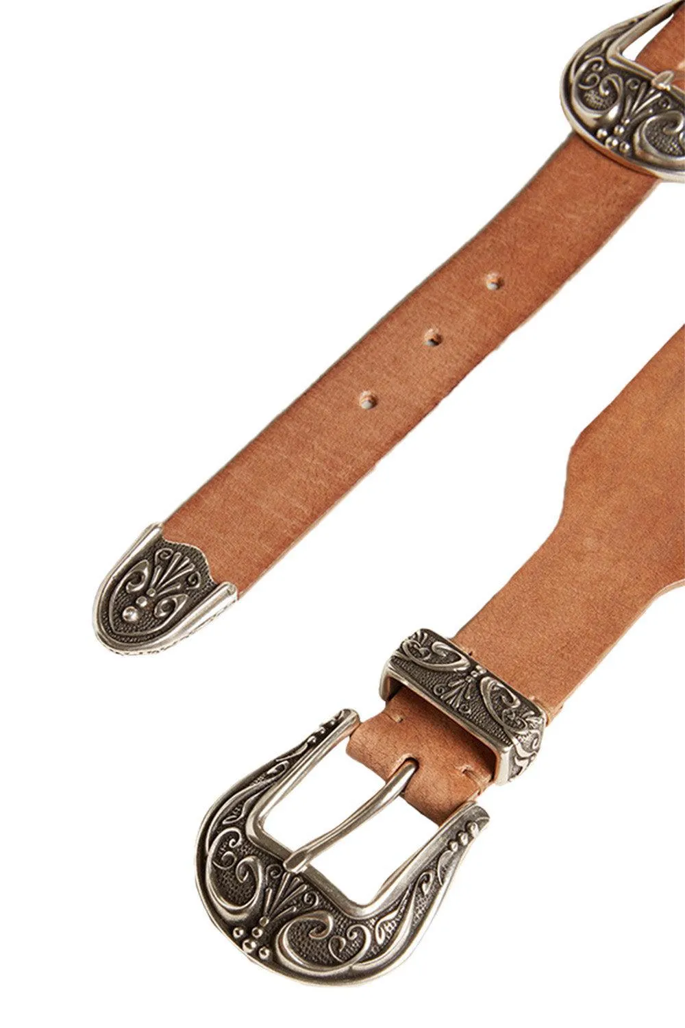 Double Buckle Washed Leather Belt - Sand