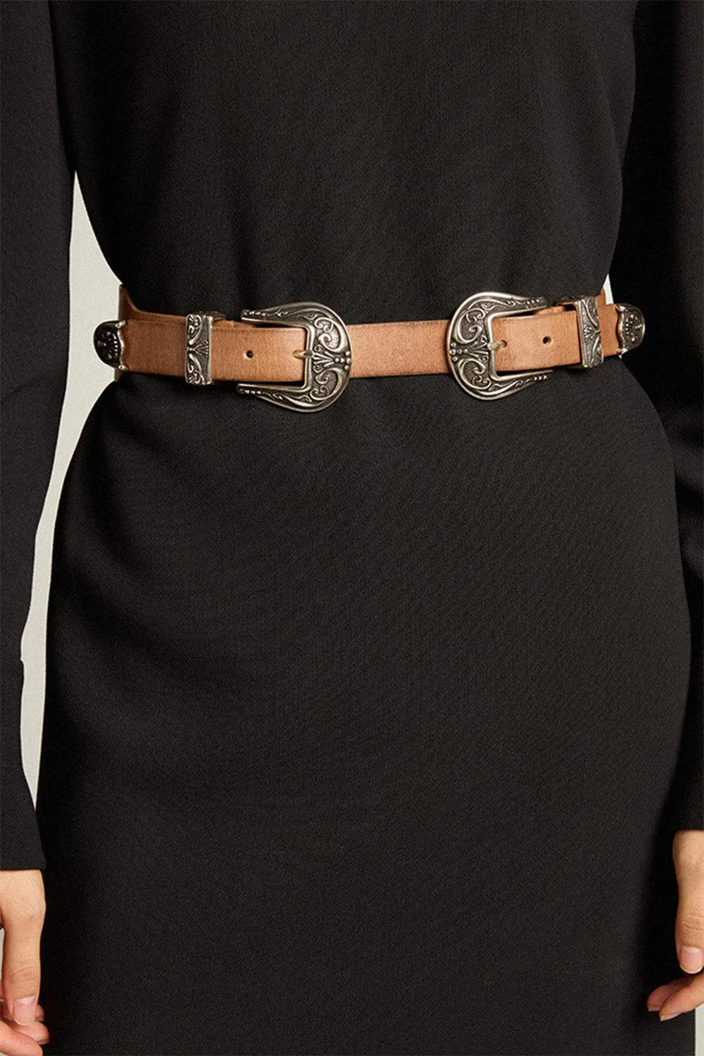 Double Buckle Washed Leather Belt - Sand