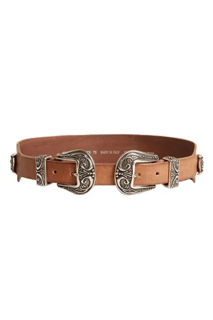 Double Buckle Washed Leather Belt - Sand