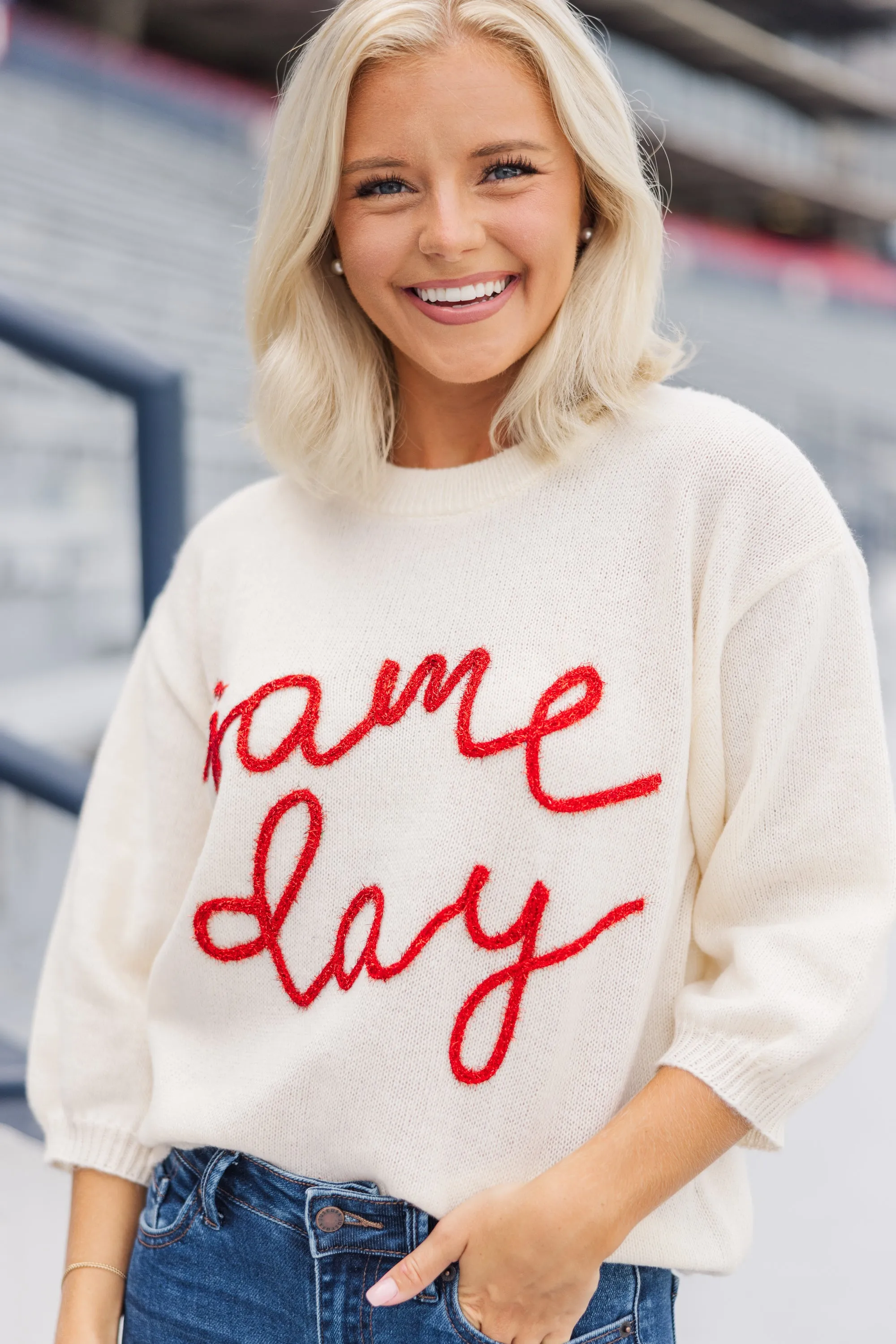 It's Game Day Ivory/Red Puff Sleeve Sweater
