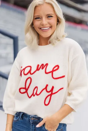 It's Game Day Ivory/Red Puff Sleeve Sweater