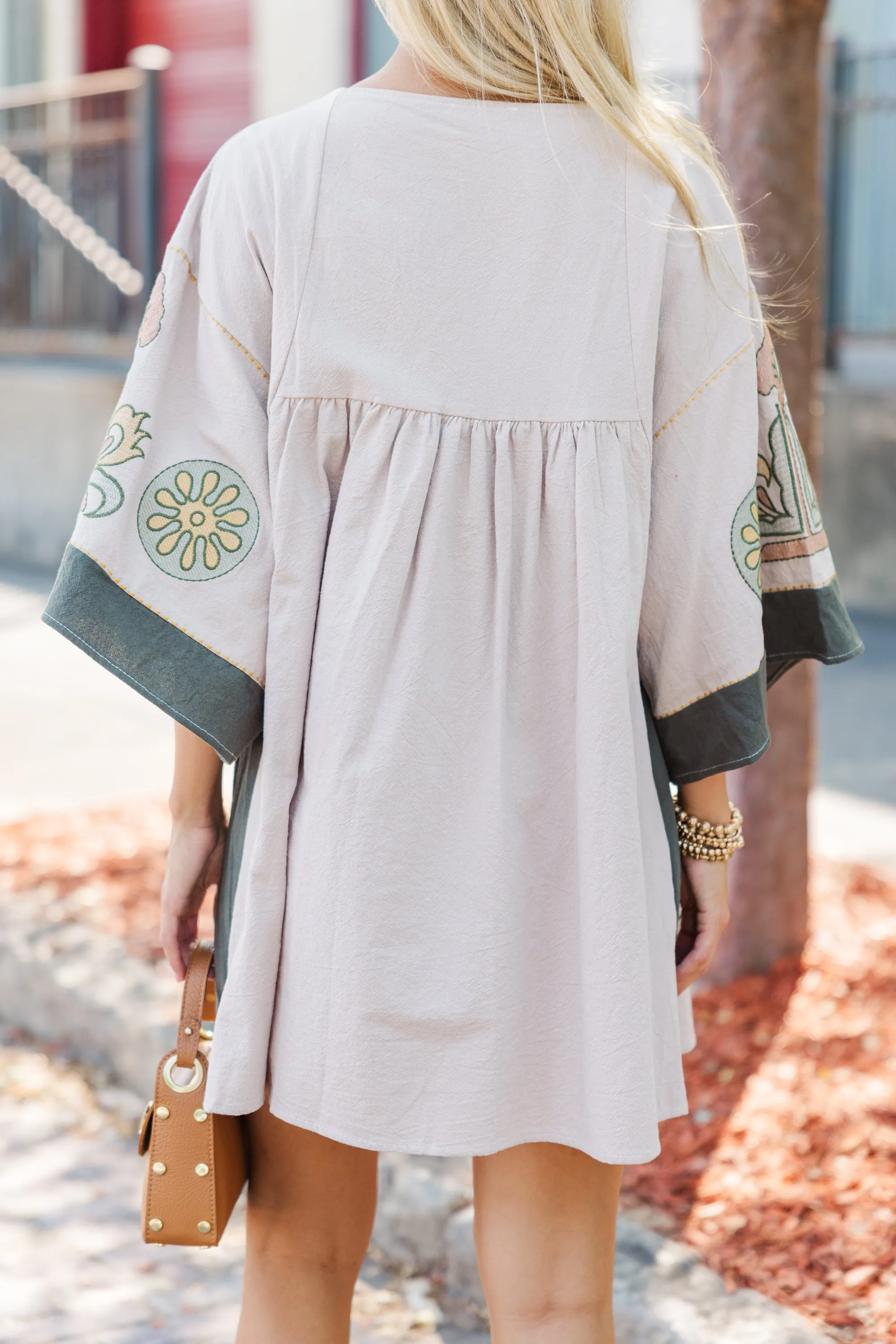 Just My Type Beige Floral Embroidery Babydoll Dress