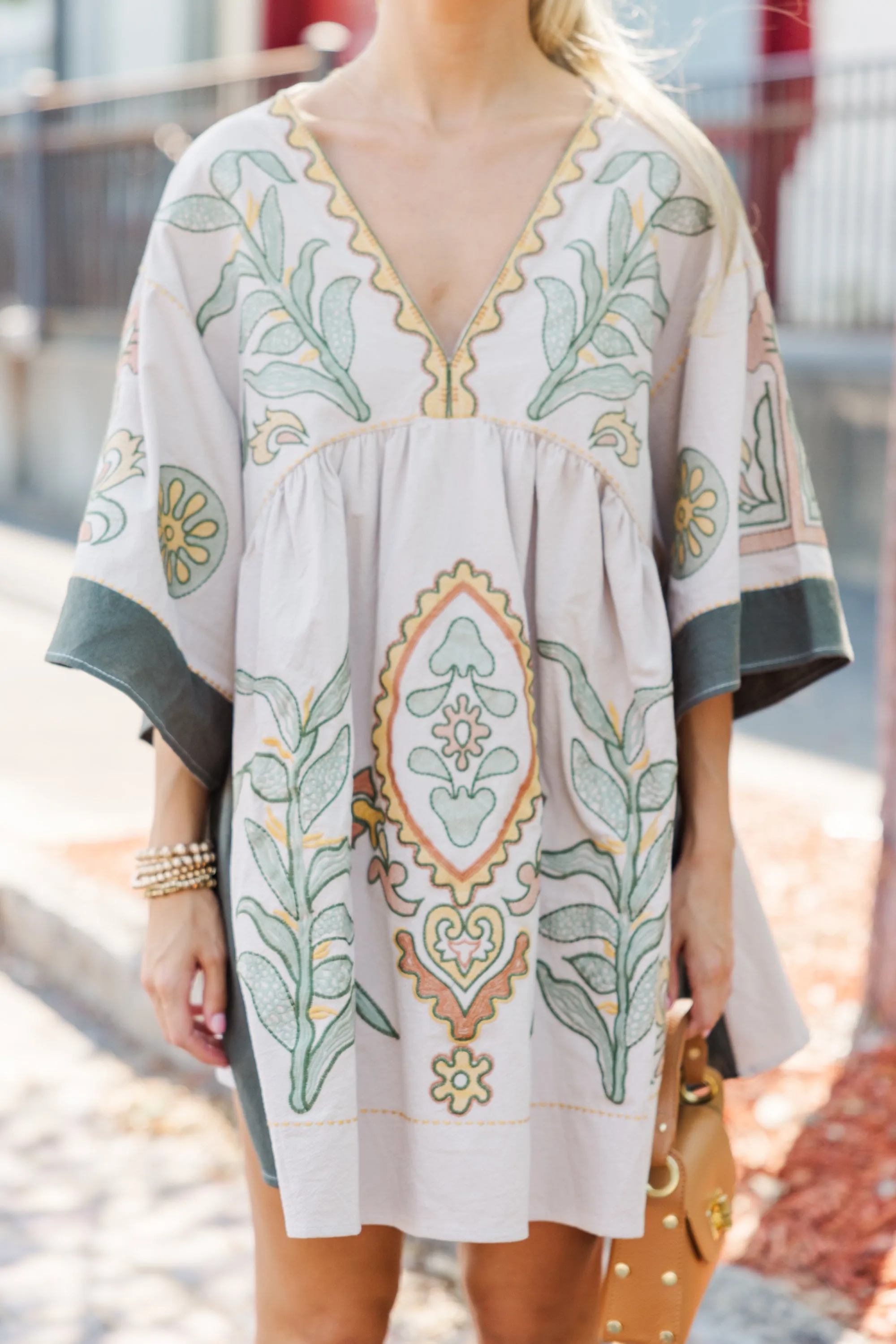 Just My Type Beige Floral Embroidery Babydoll Dress