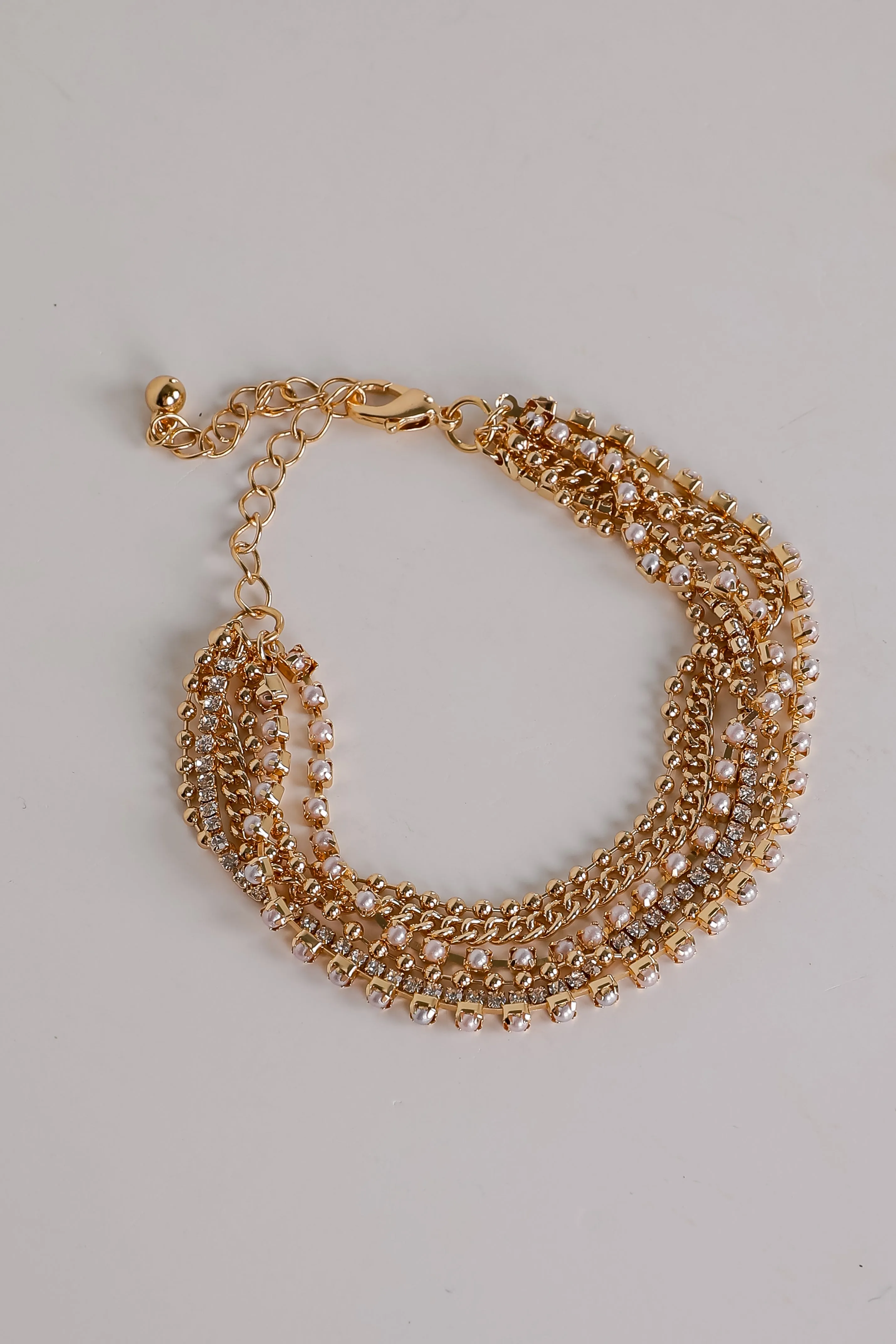 Laura Gold Rhinestone   Pearl Layered Chain Bracelet