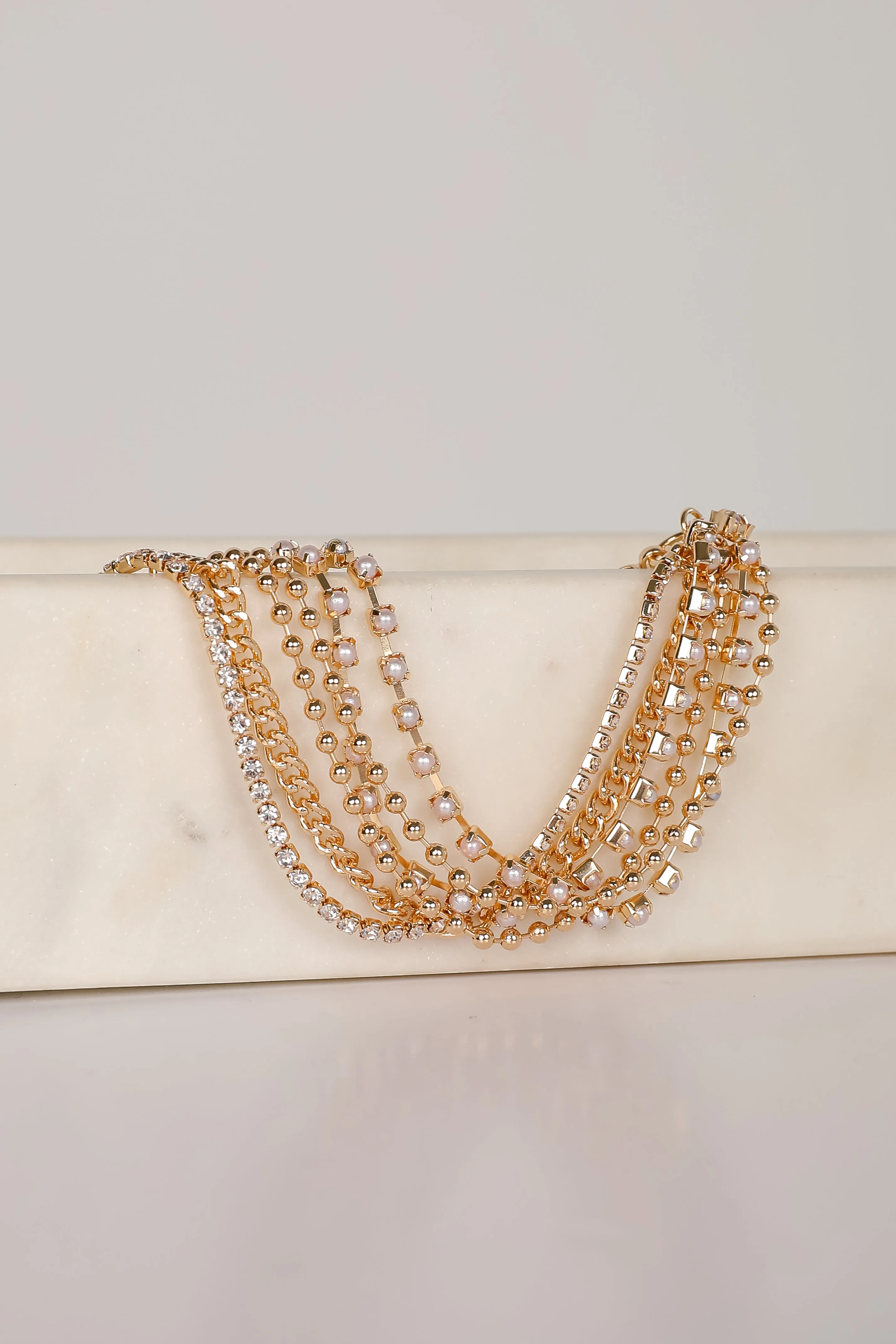 Laura Gold Rhinestone   Pearl Layered Chain Bracelet