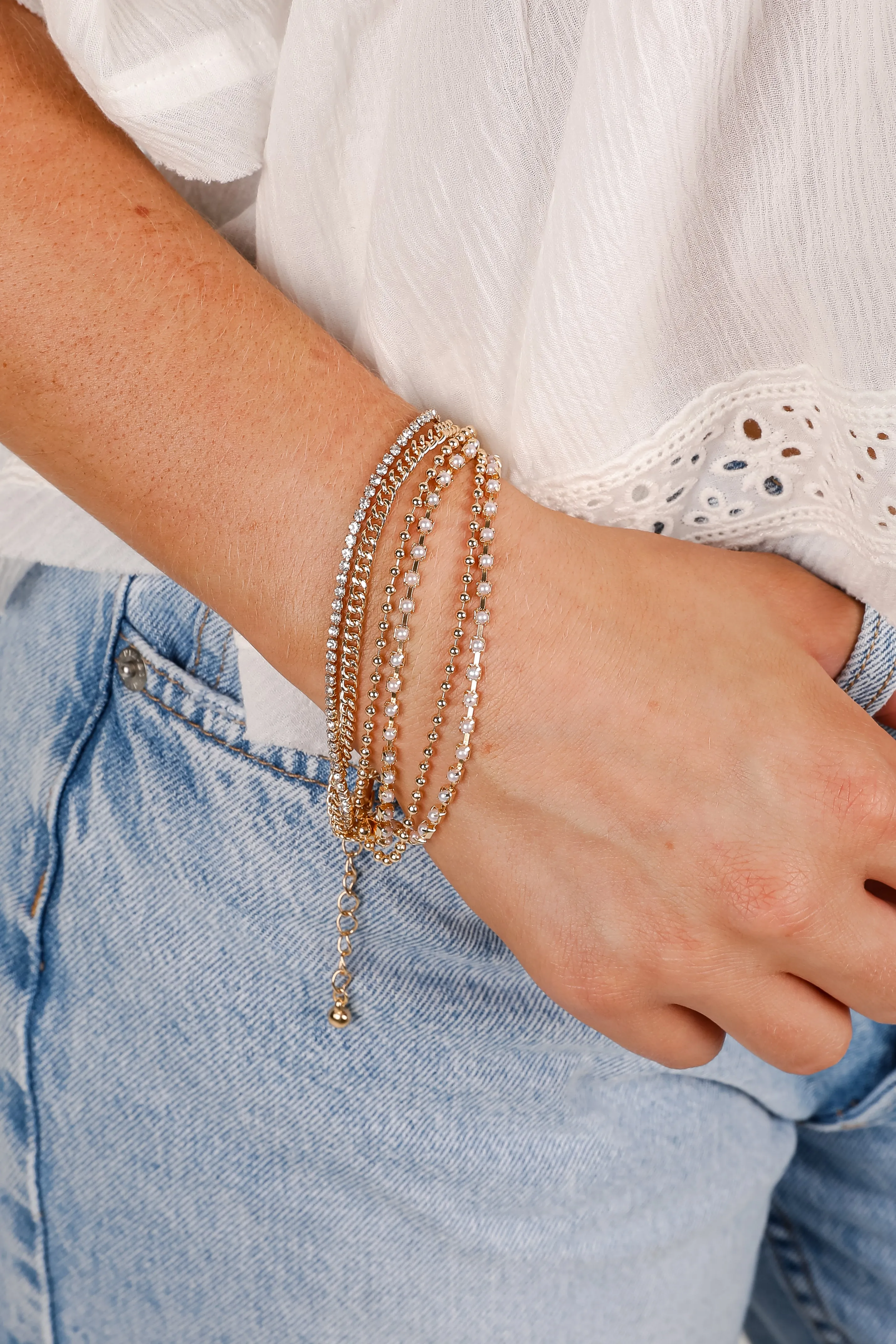 Laura Gold Rhinestone   Pearl Layered Chain Bracelet