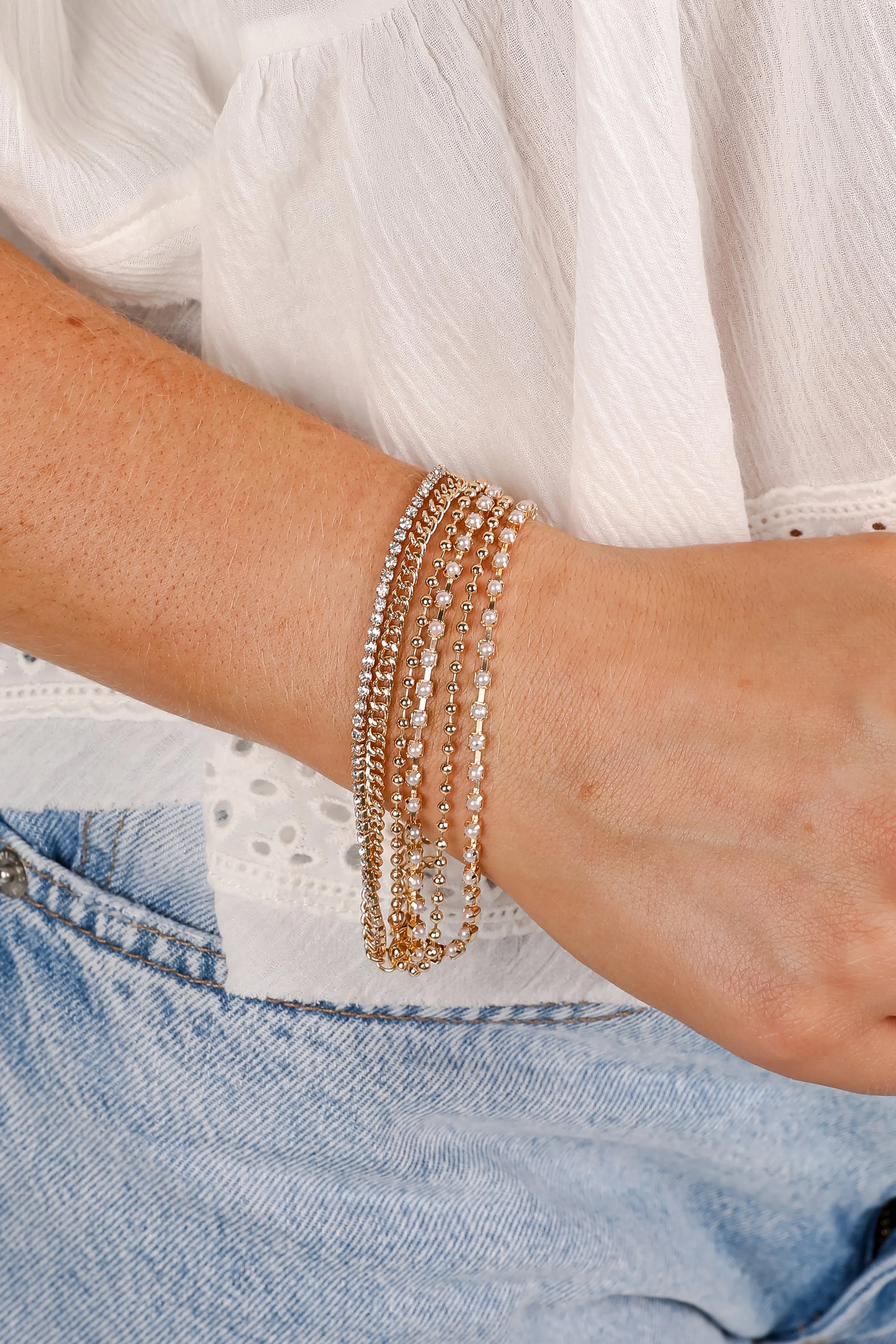 Laura Gold Rhinestone   Pearl Layered Chain Bracelet