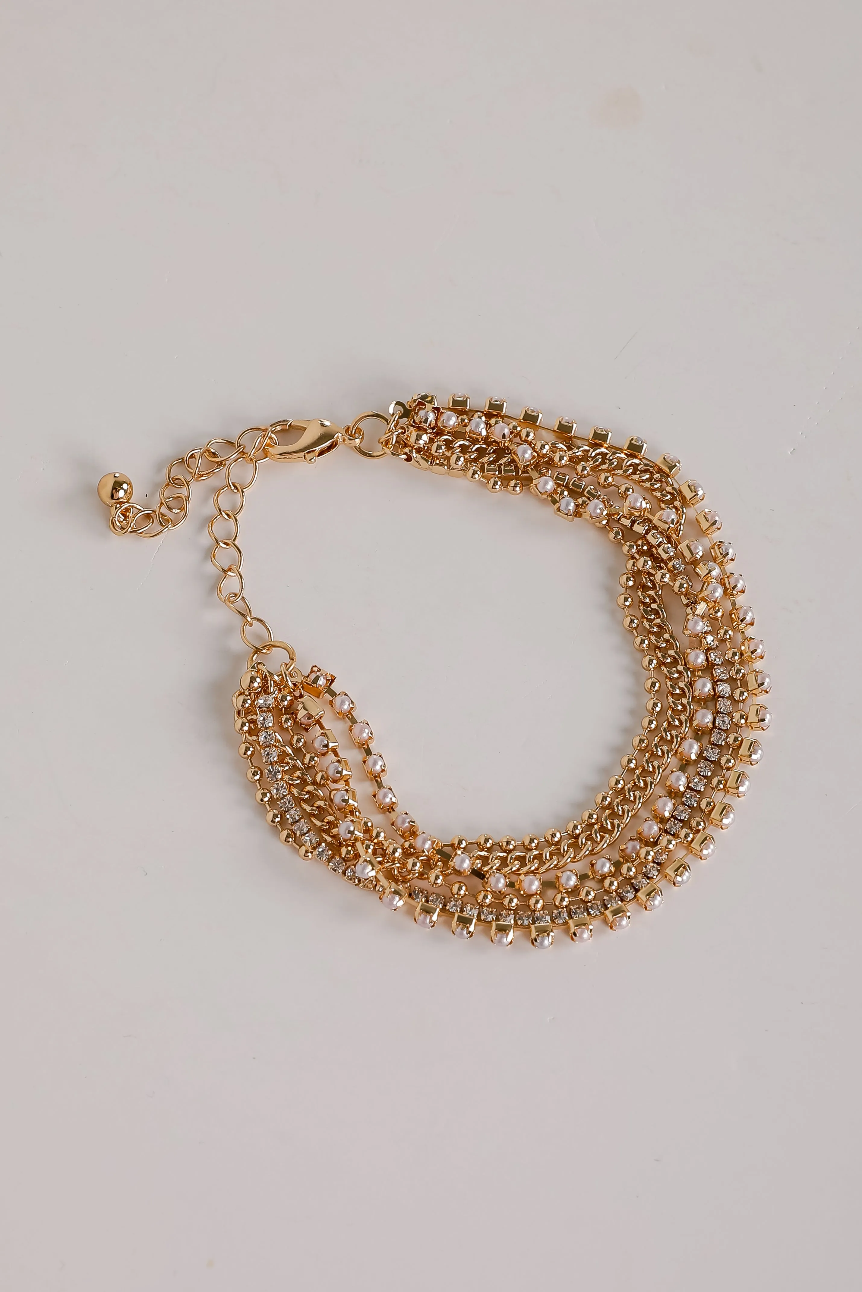 Laura Gold Rhinestone   Pearl Layered Chain Bracelet