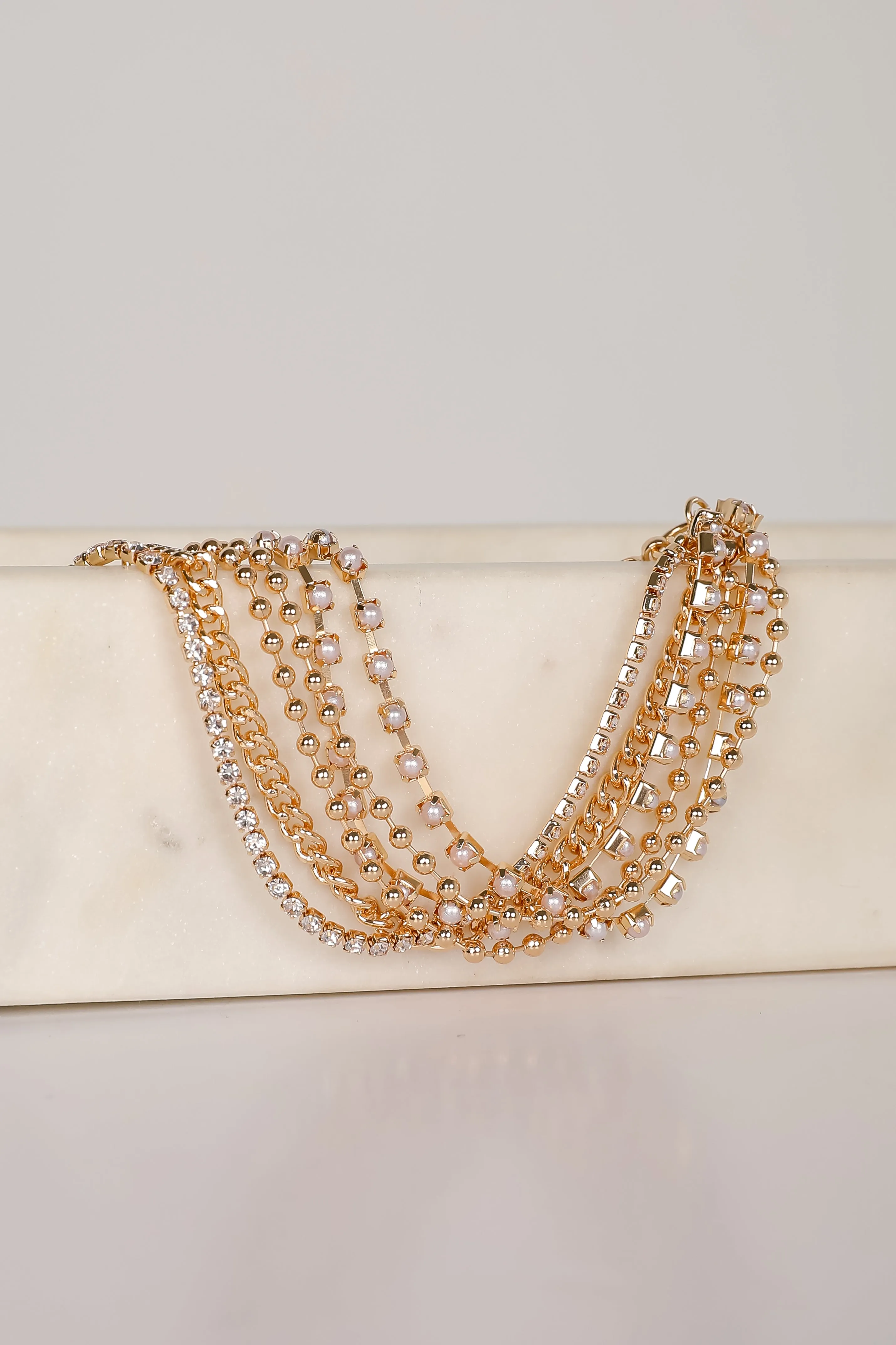 Laura Gold Rhinestone   Pearl Layered Chain Bracelet