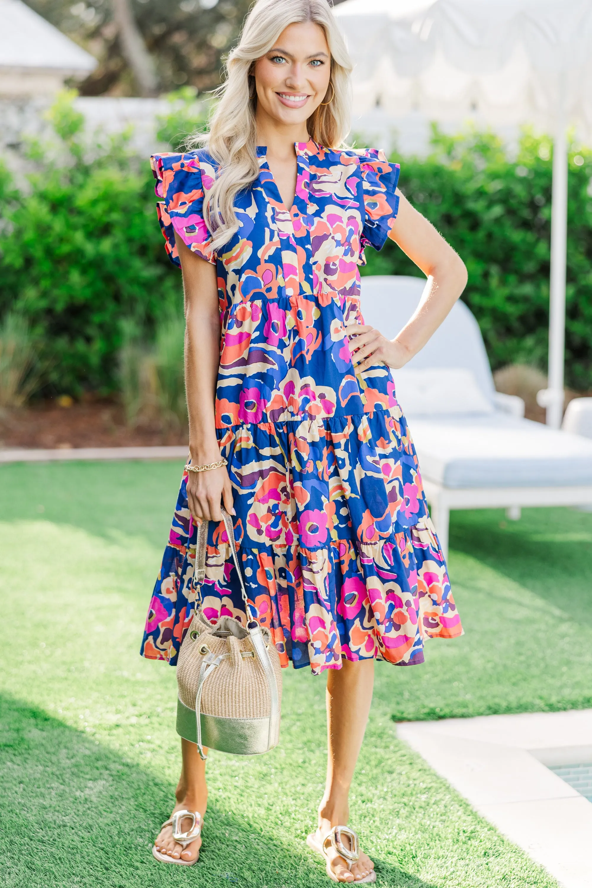 Make It Your Own Navy Blue Floral Tiered Dress