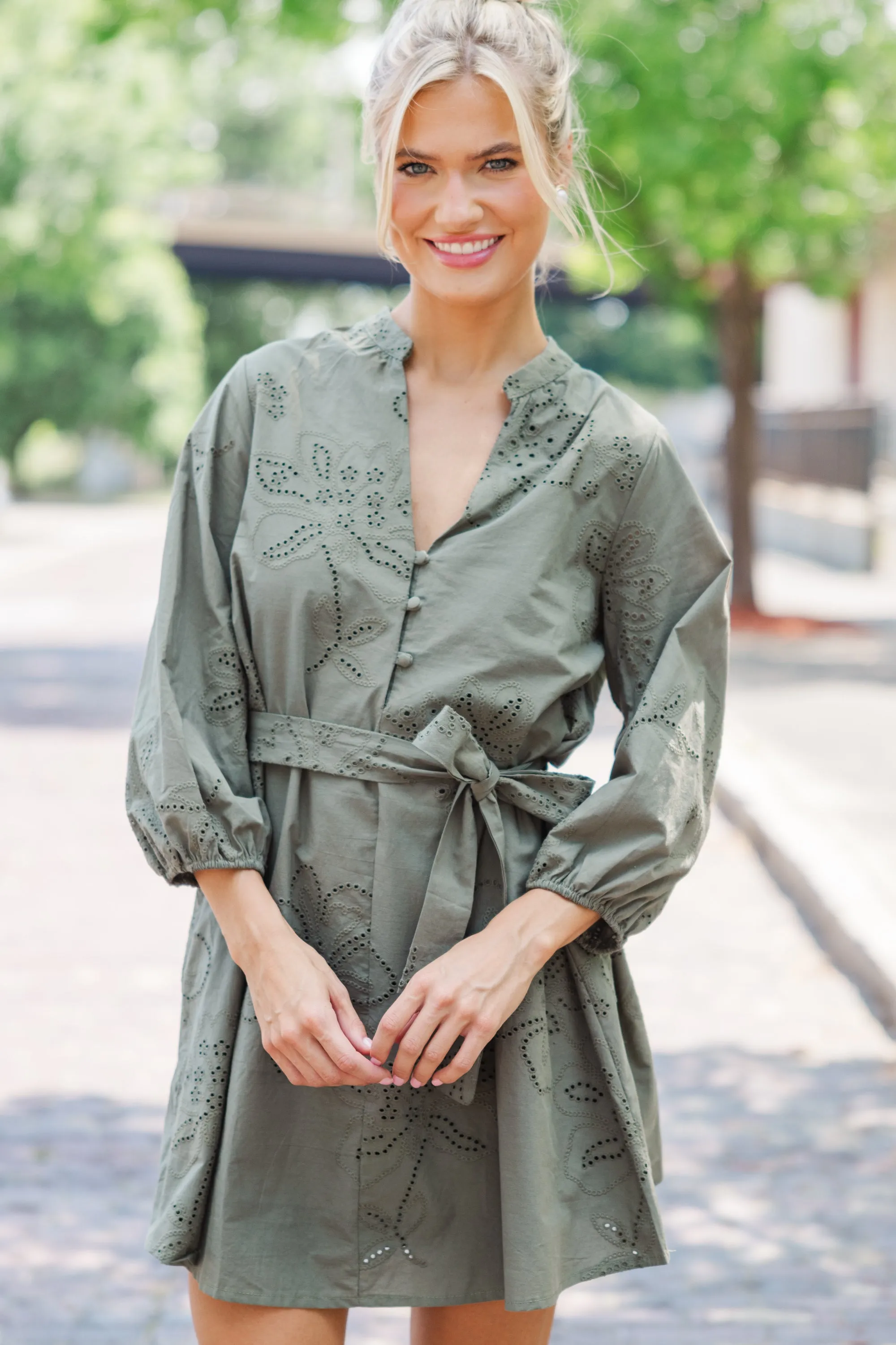 On This Day Olive Green Eyelet Dress