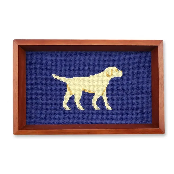 Smathers & Branson Yellow Lab Needlepoint Valet Tray - Classic Navy Chestnut Wood