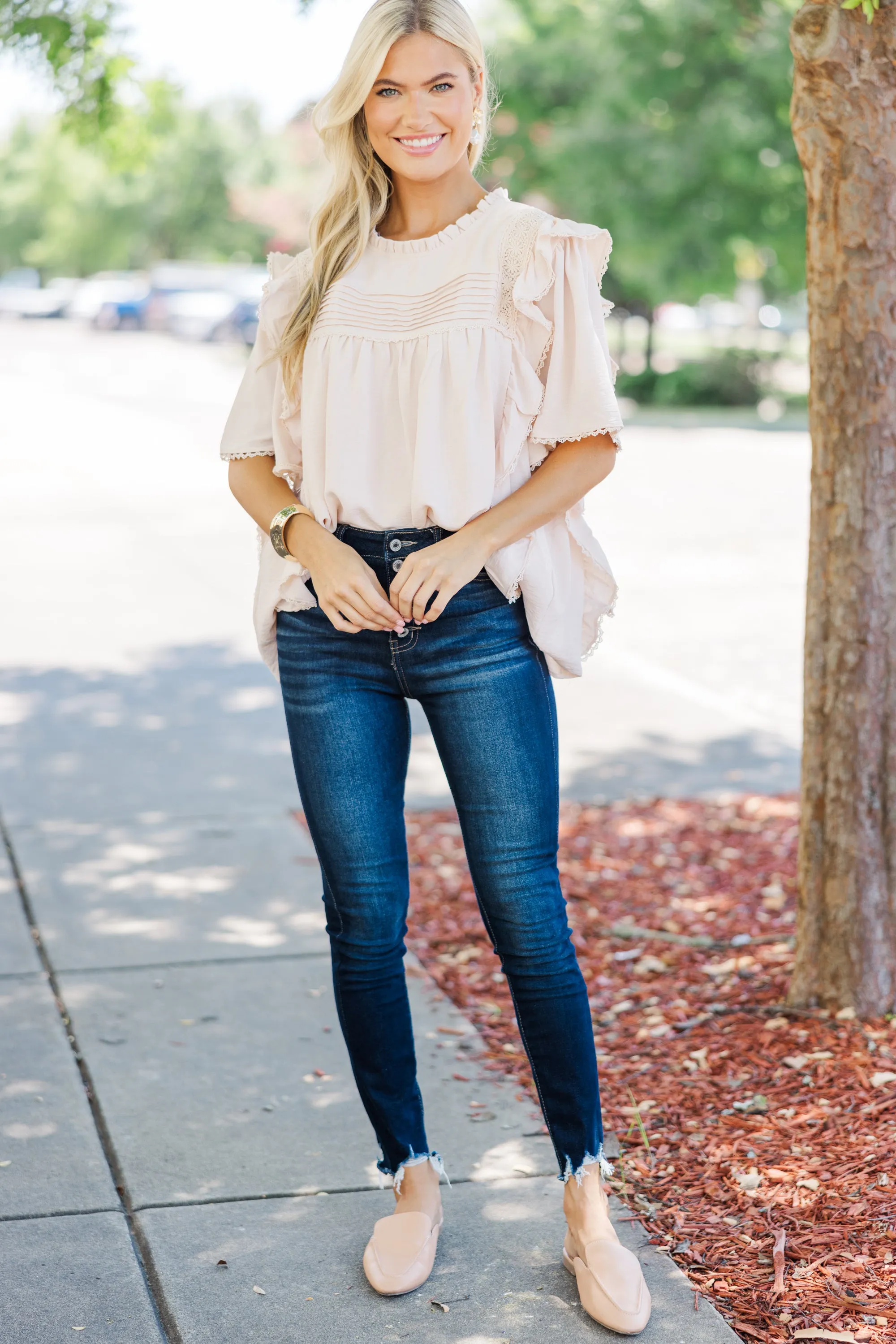 Step It Up Natural White Ruffled Blouse