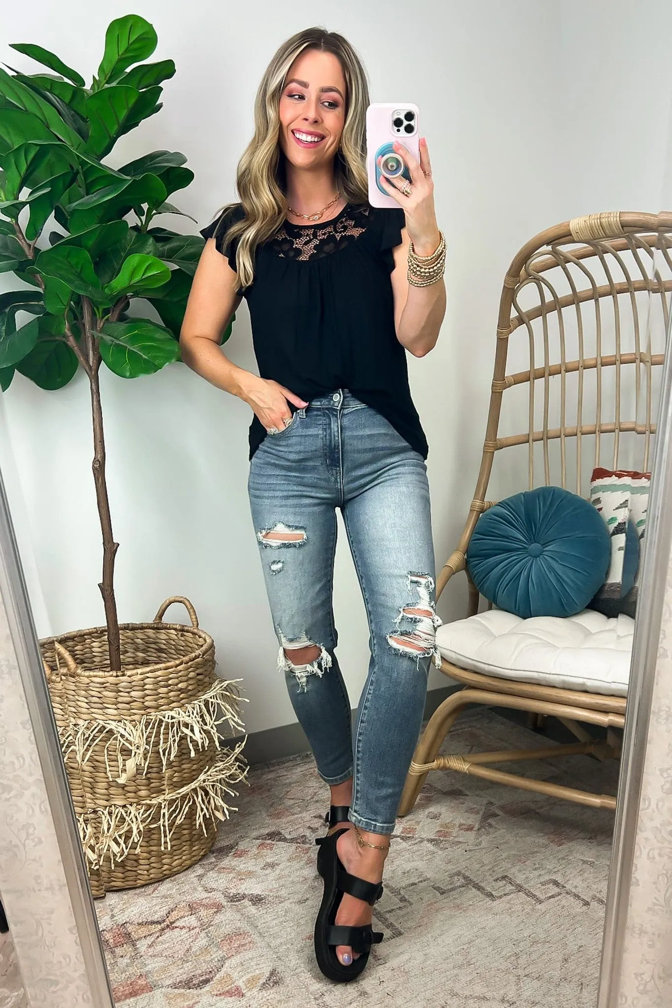 Thenelope Flutter Sleeve Lace Contrast Top - FINAL SALE