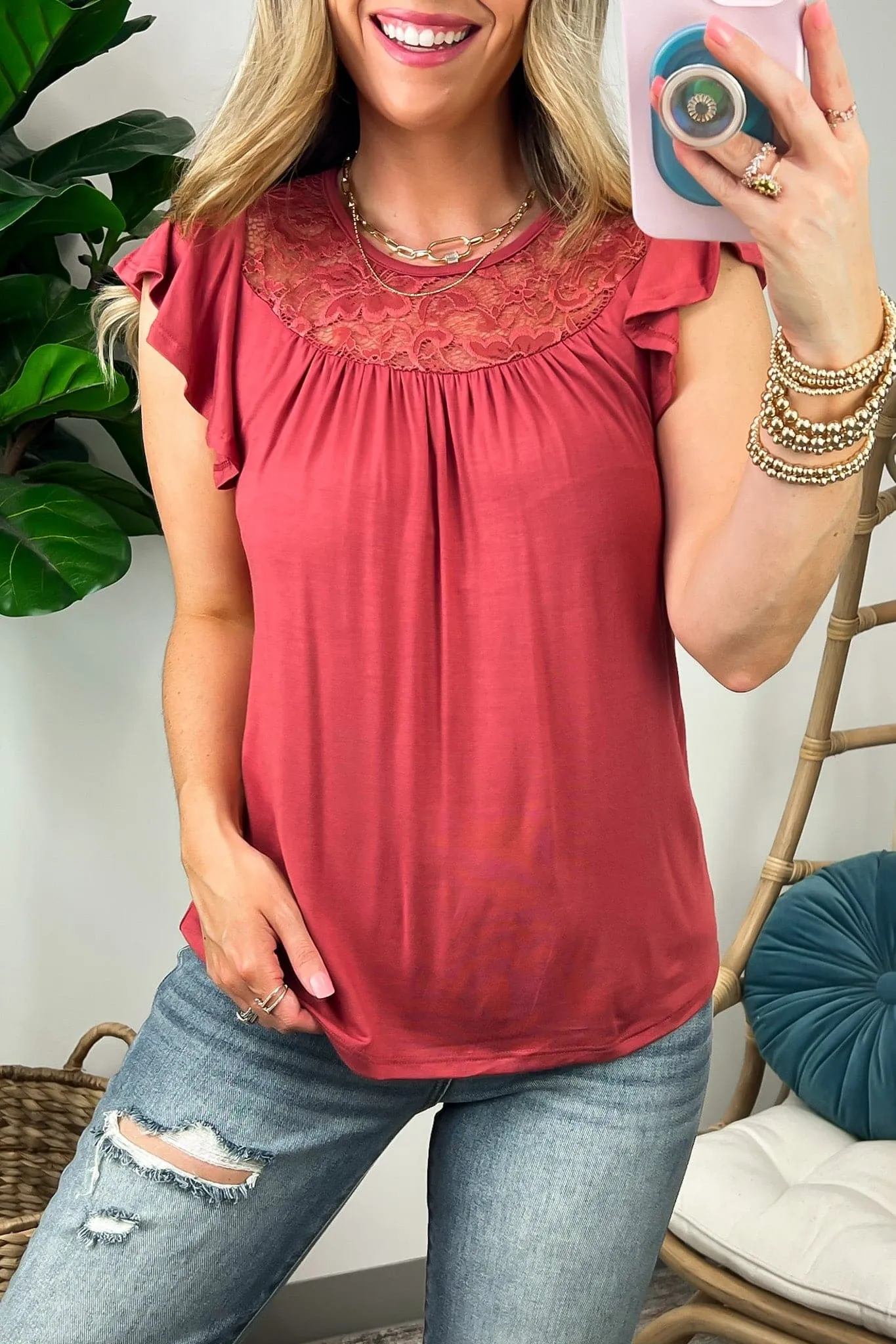 Thenelope Flutter Sleeve Lace Contrast Top - FINAL SALE