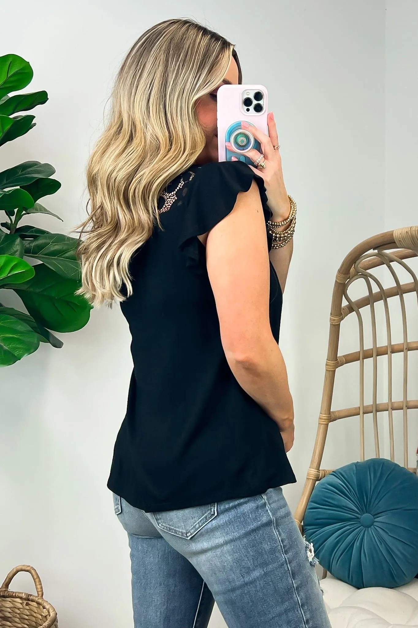 Thenelope Flutter Sleeve Lace Contrast Top - FINAL SALE