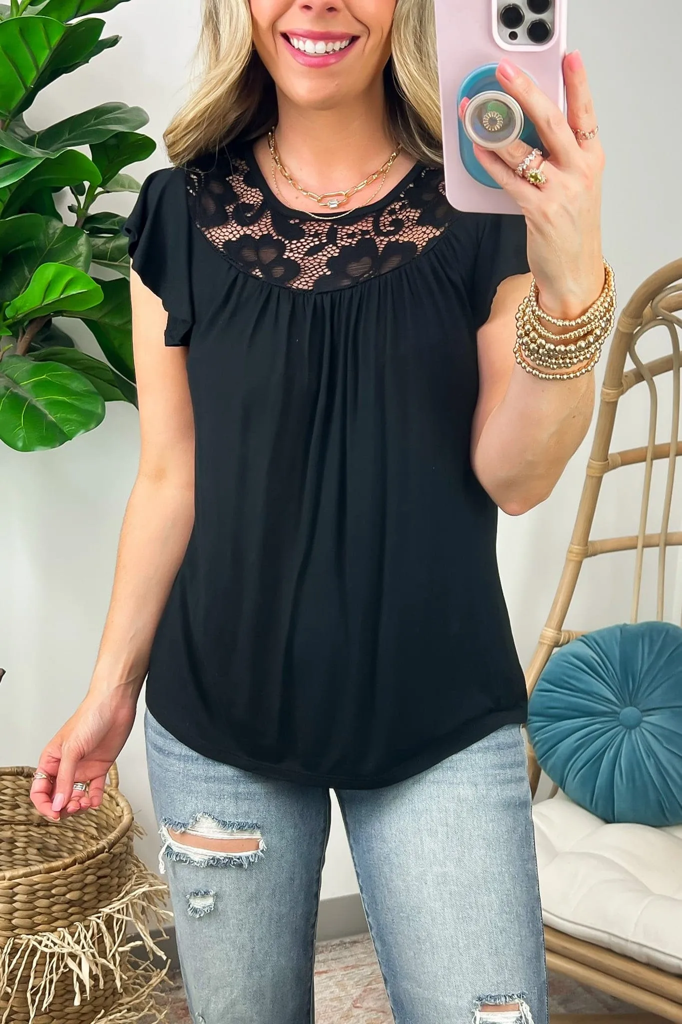 Thenelope Flutter Sleeve Lace Contrast Top - FINAL SALE
