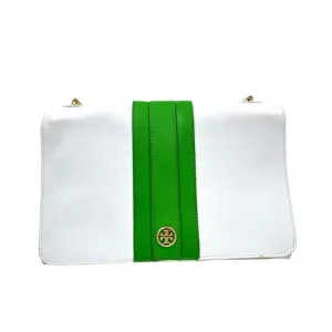 TORY BURCH White & Green Leather ROBINSON EAST-WEST Flap-Front Shoulder Bag Purse