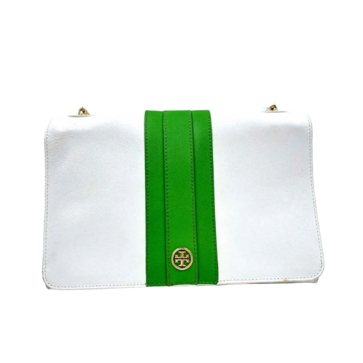 TORY BURCH White & Green Leather ROBINSON EAST-WEST Flap-Front Shoulder Bag Purse