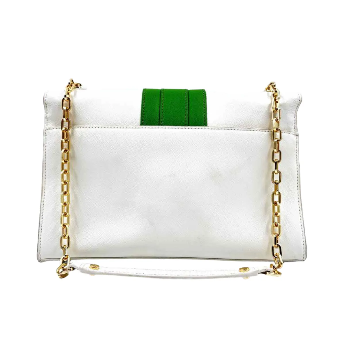 TORY BURCH White & Green Leather ROBINSON EAST-WEST Flap-Front Shoulder Bag Purse