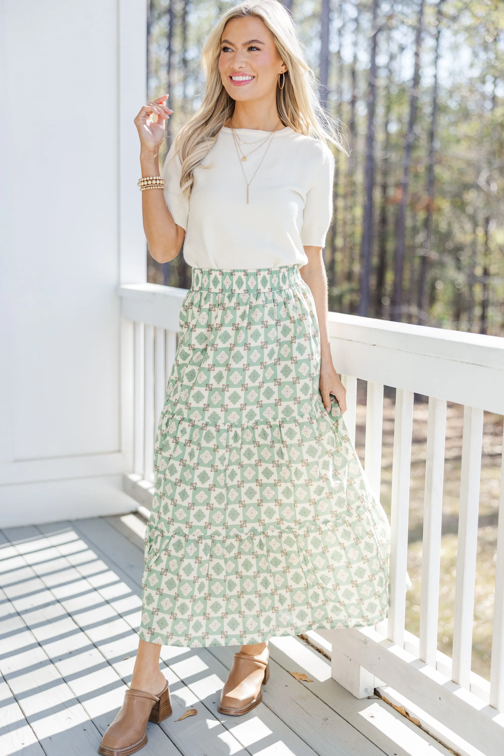 Wandering Way Olive Green Medallion Midi Skirt