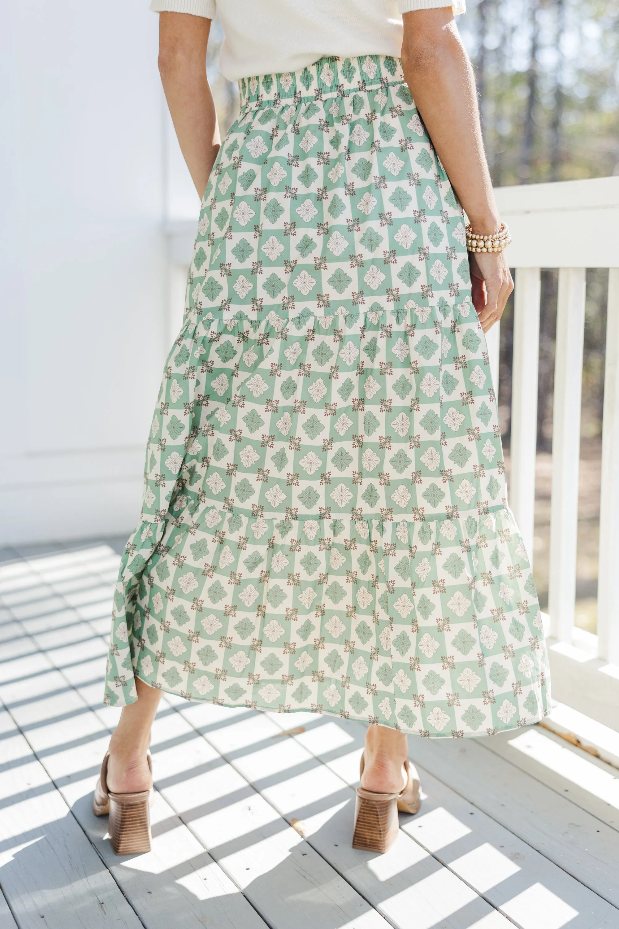 Wandering Way Olive Green Medallion Midi Skirt