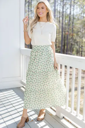 Wandering Way Olive Green Medallion Midi Skirt