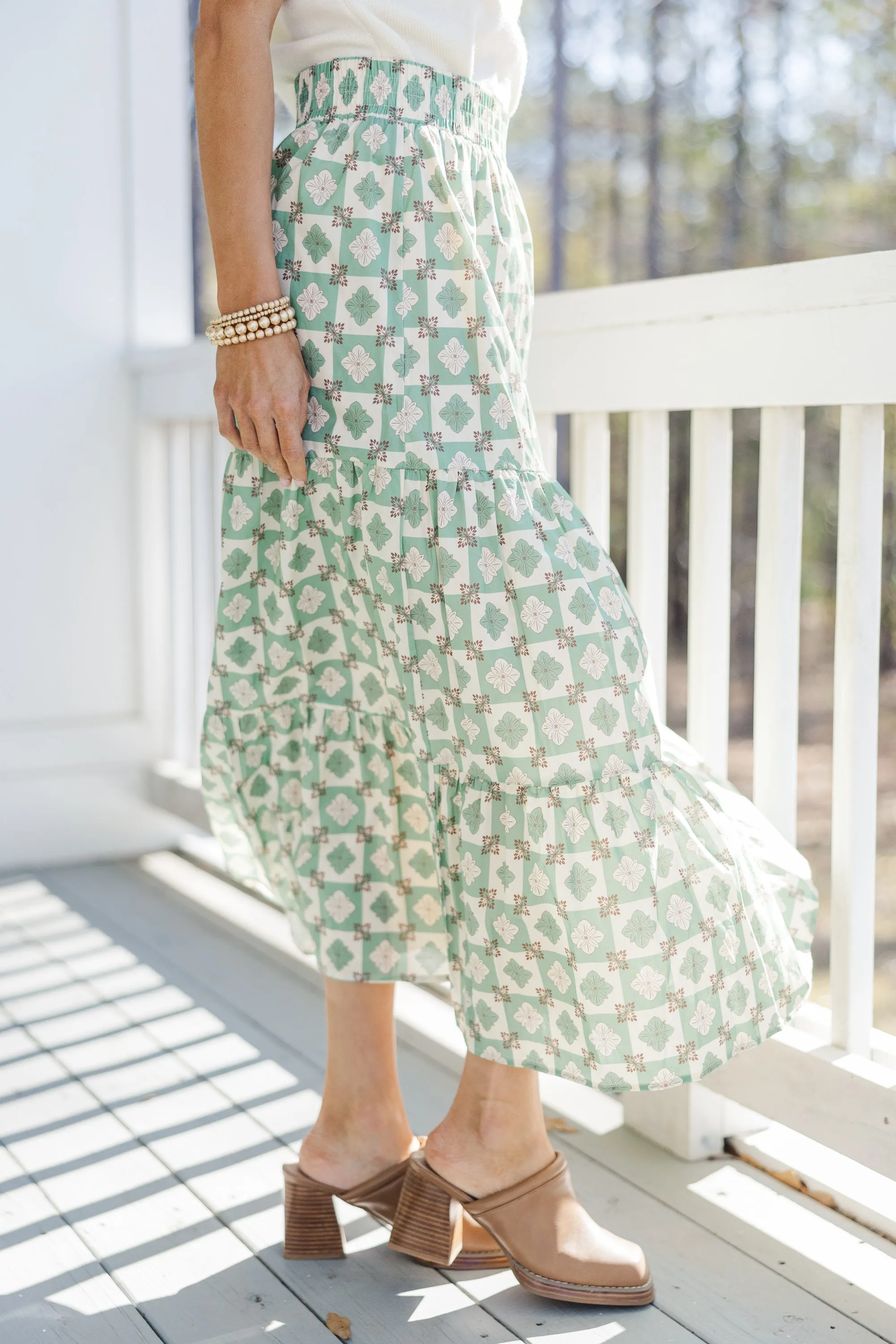 Wandering Way Olive Green Medallion Midi Skirt