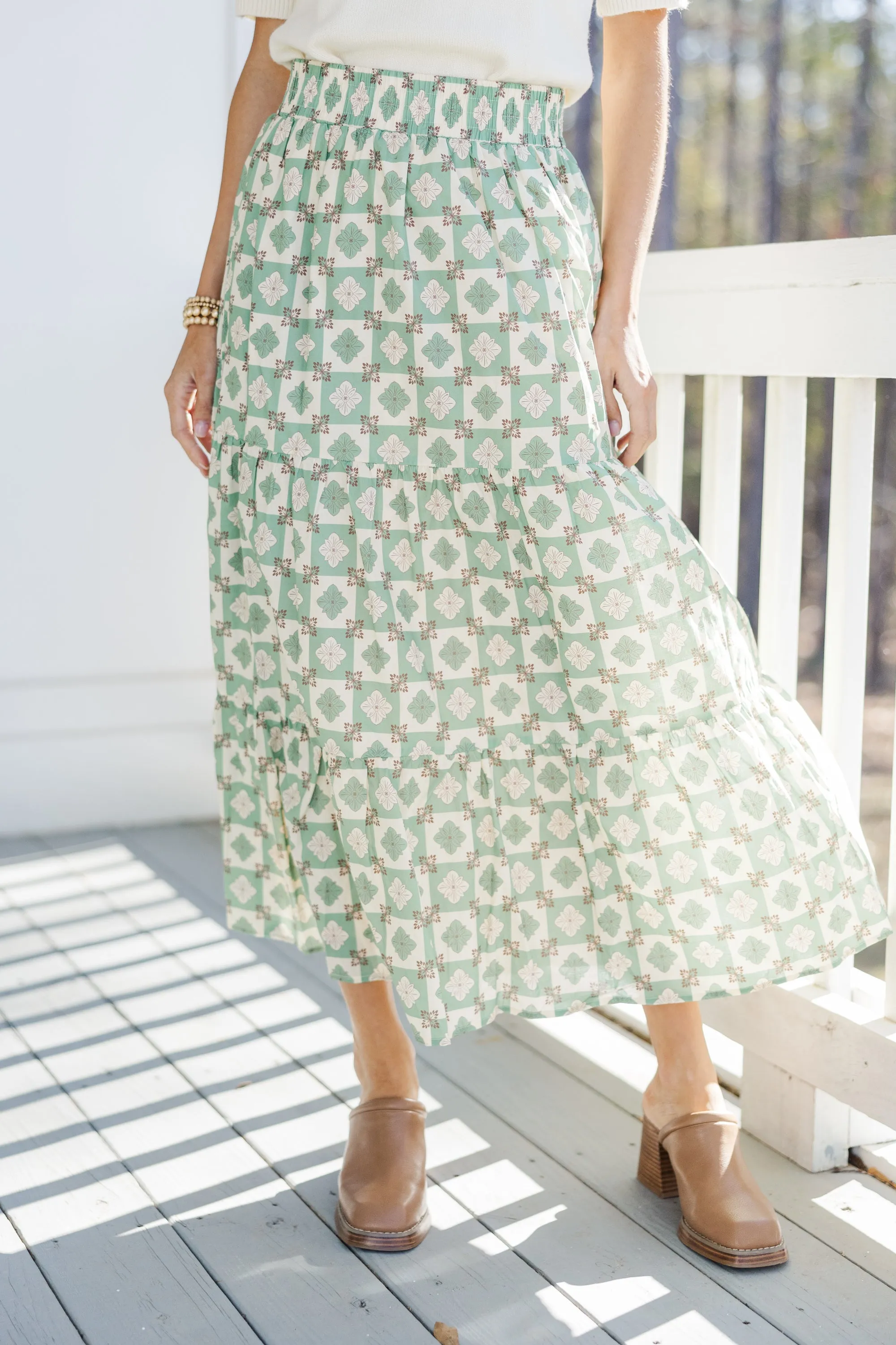 Wandering Way Olive Green Medallion Midi Skirt